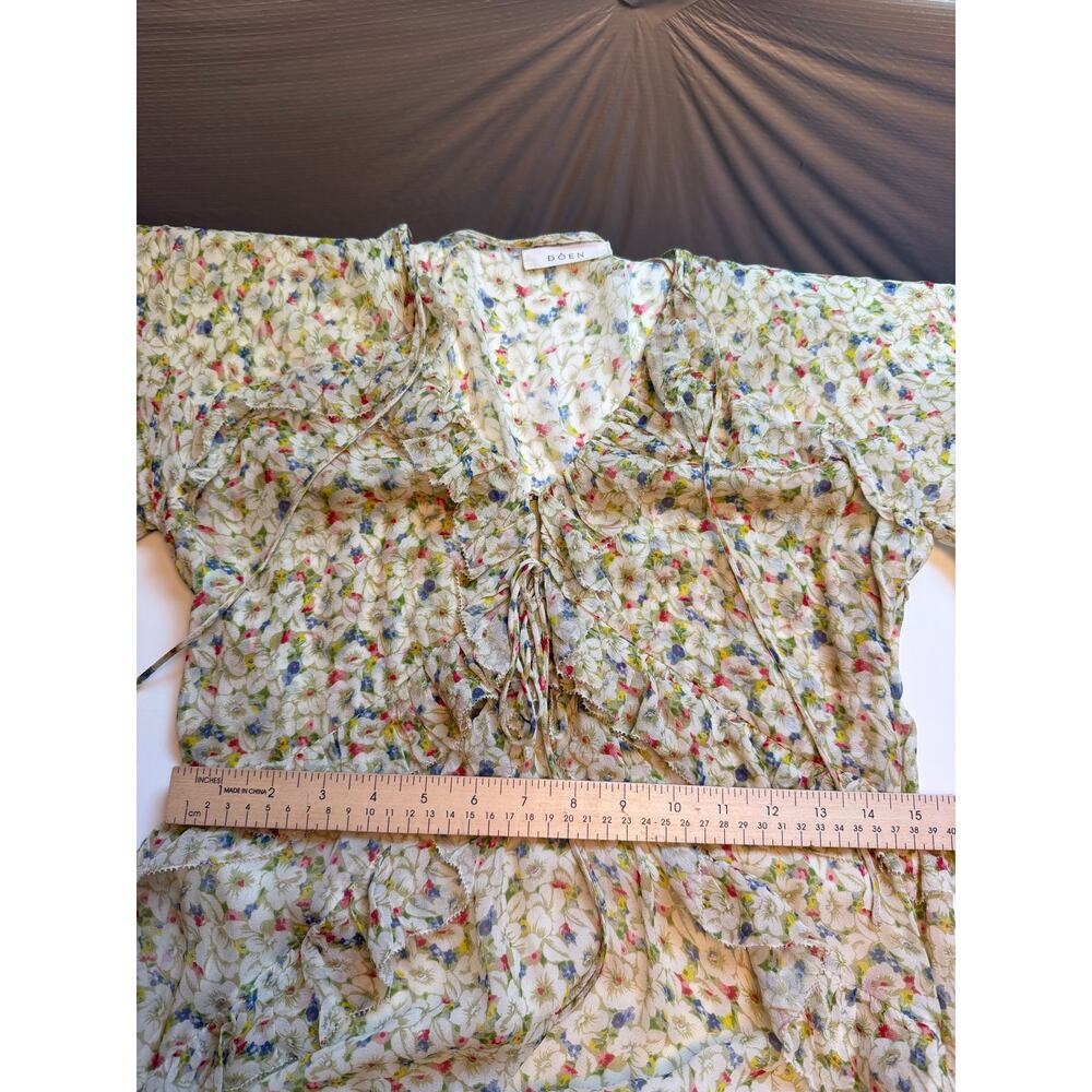 Doen Antoinette Maxi Dress Yellow Victoria Floral Printed Silk Ruffle Sheer M - Picture 12 of 13
